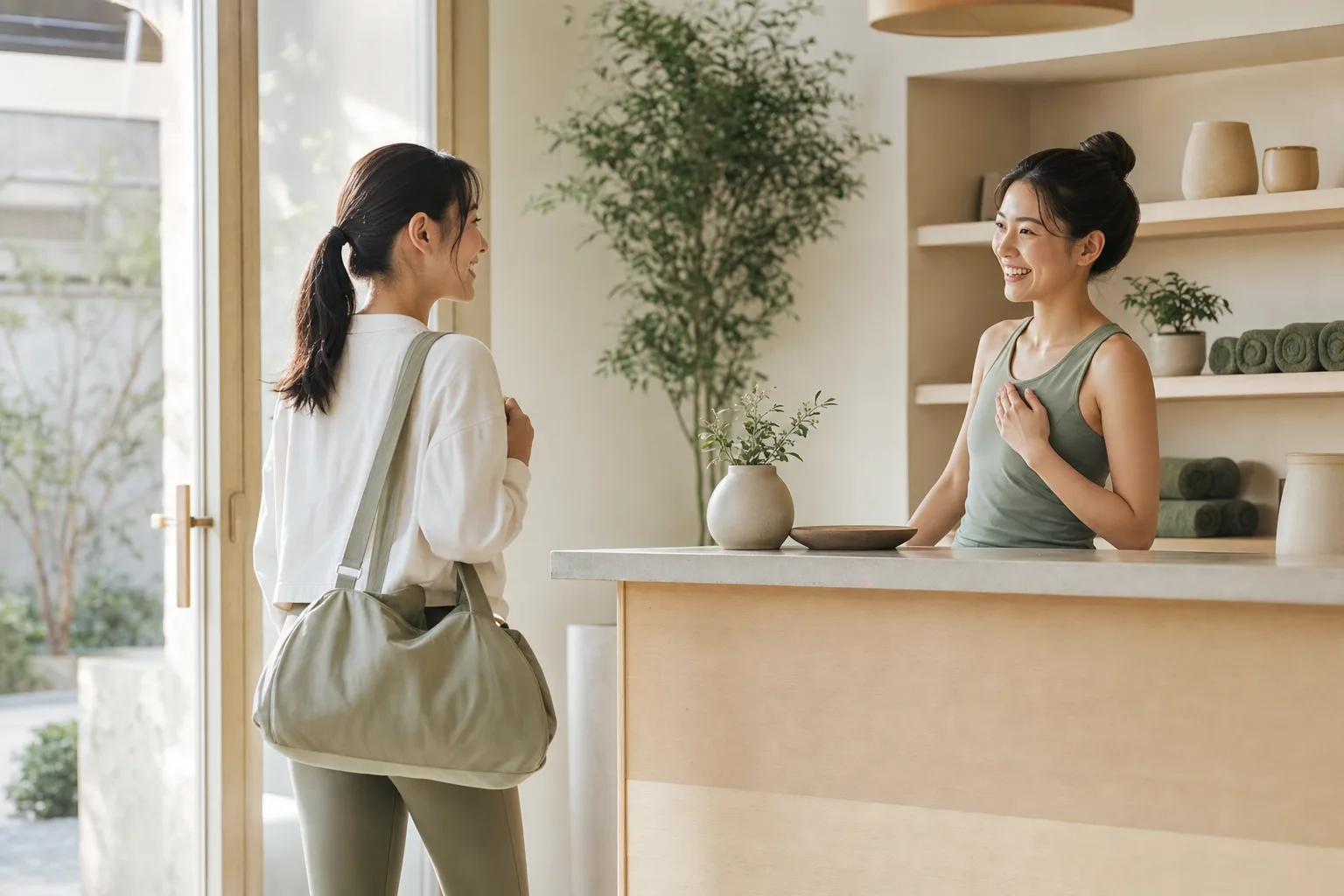 体験レッスン当日、スタジオ受付で迎えられる様子のイメージ